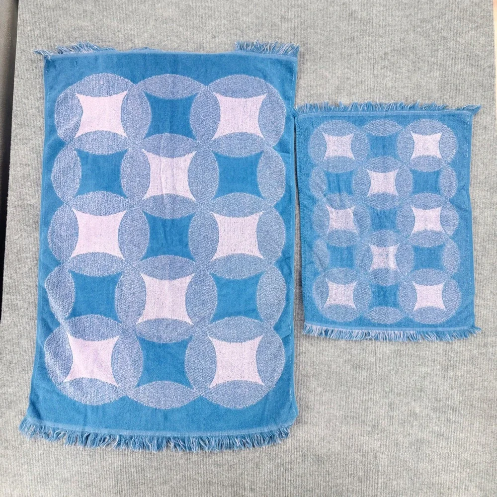 Vintage Sears Drylon Towel Set Blue Lavender Geometric Circle Fringe MCM 2pc